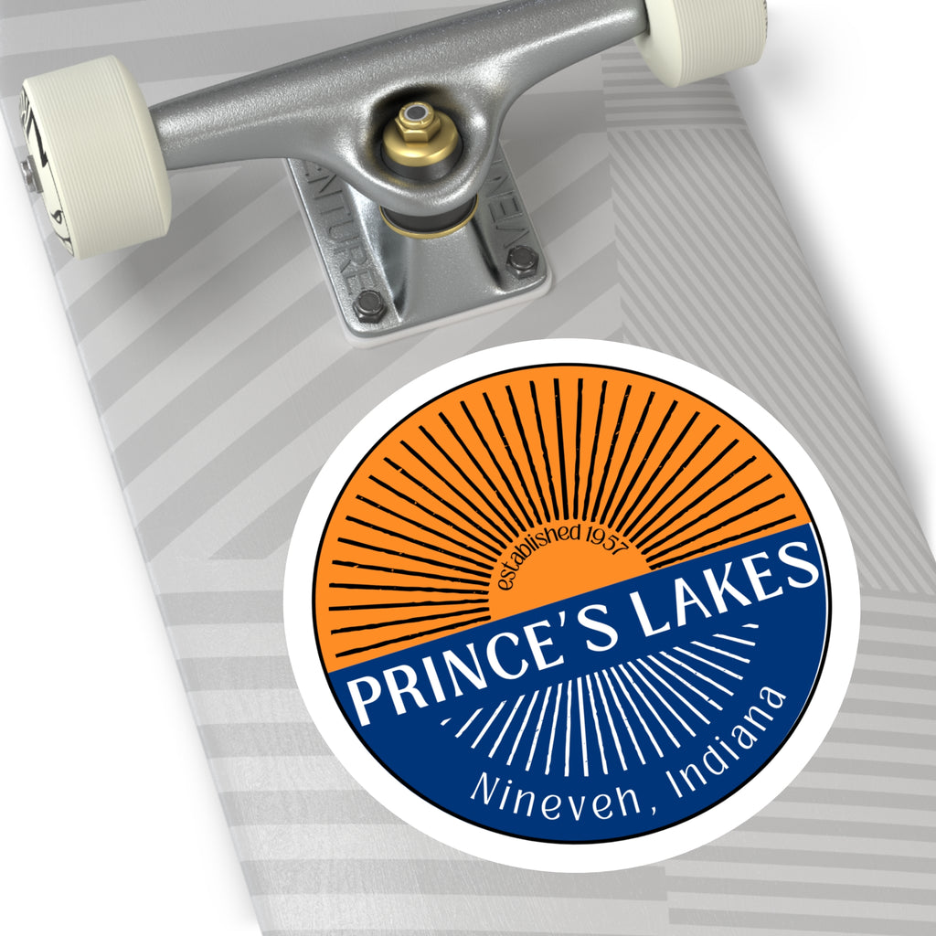Prince's Lakes Round Vinyl Sticker — Nineveh, Indiana Split Sunrise Design