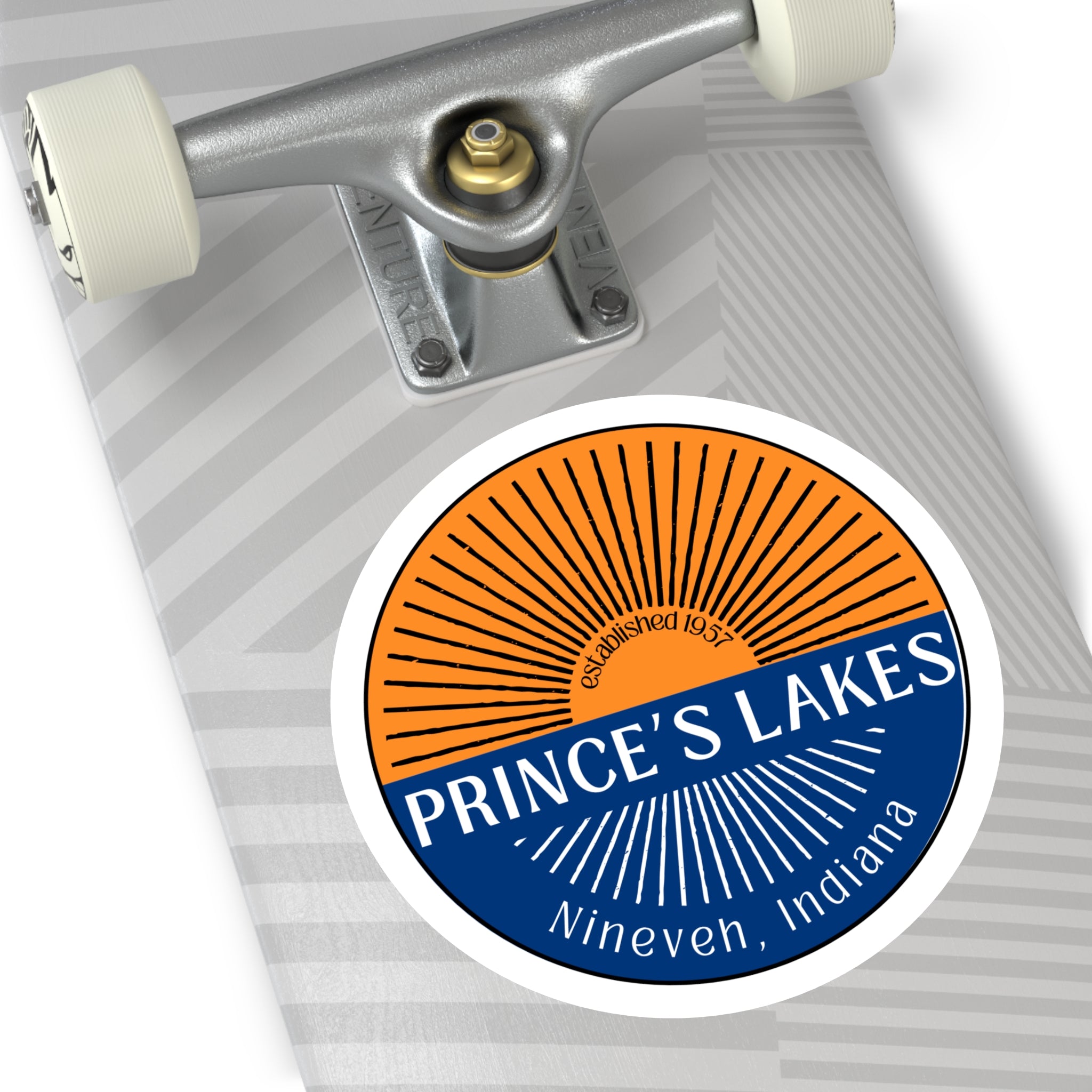Prince's Lakes Round Vinyl Sticker — Nineveh, Indiana Split Sunrise Design