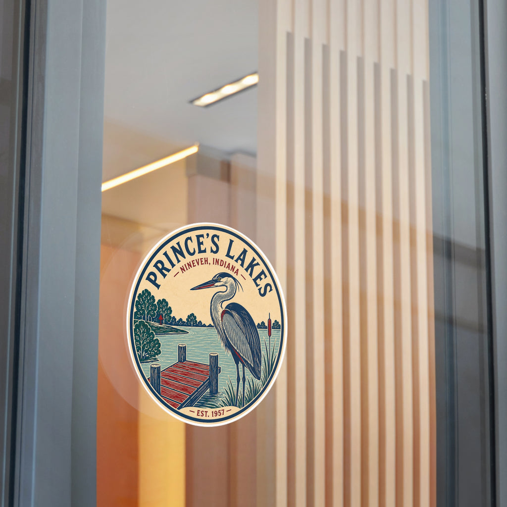 Prince's Lakes Round Vinyl Sticker — Vintage Heron Lake Scene