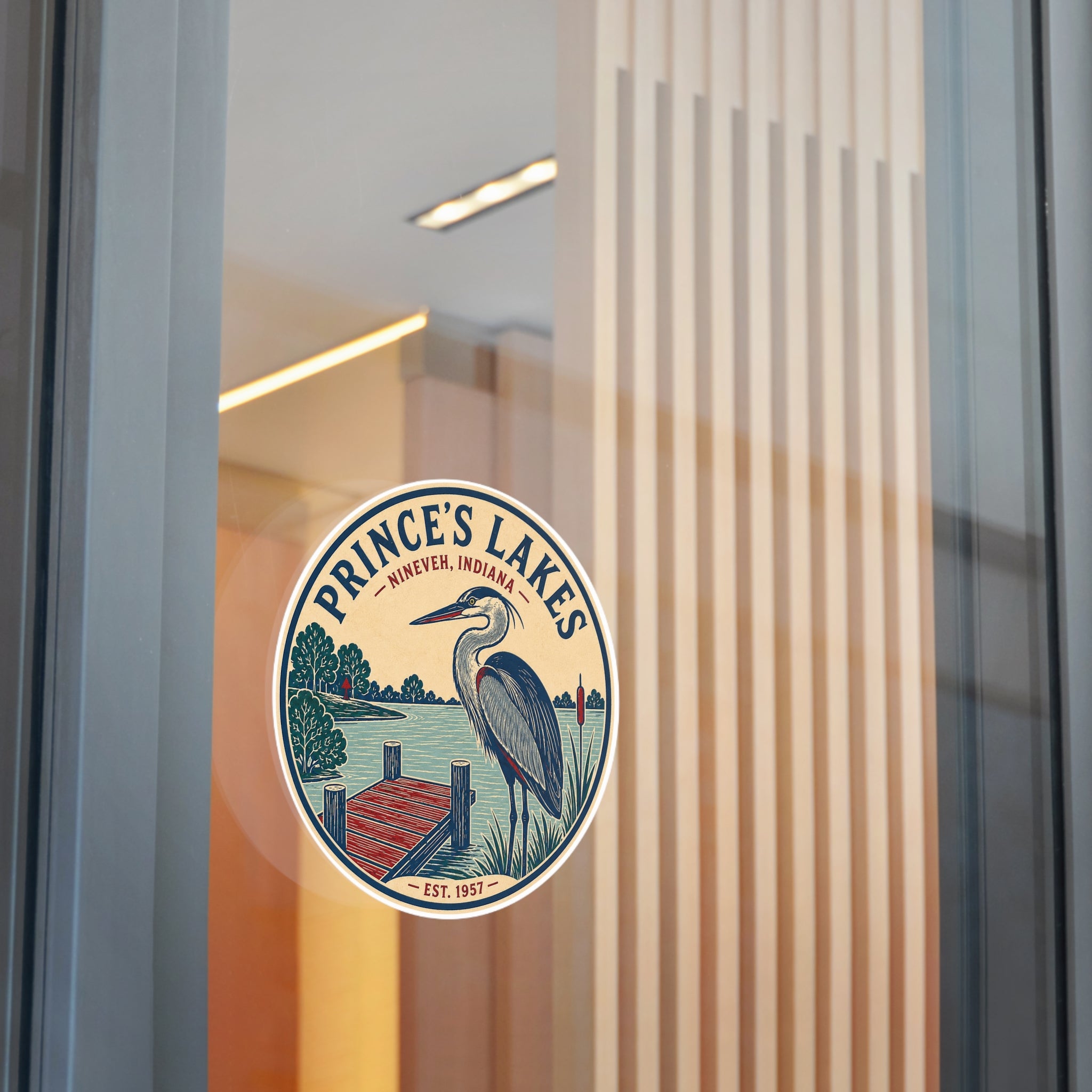 Prince's Lakes Round Vinyl Sticker — Vintage Heron Lake Scene