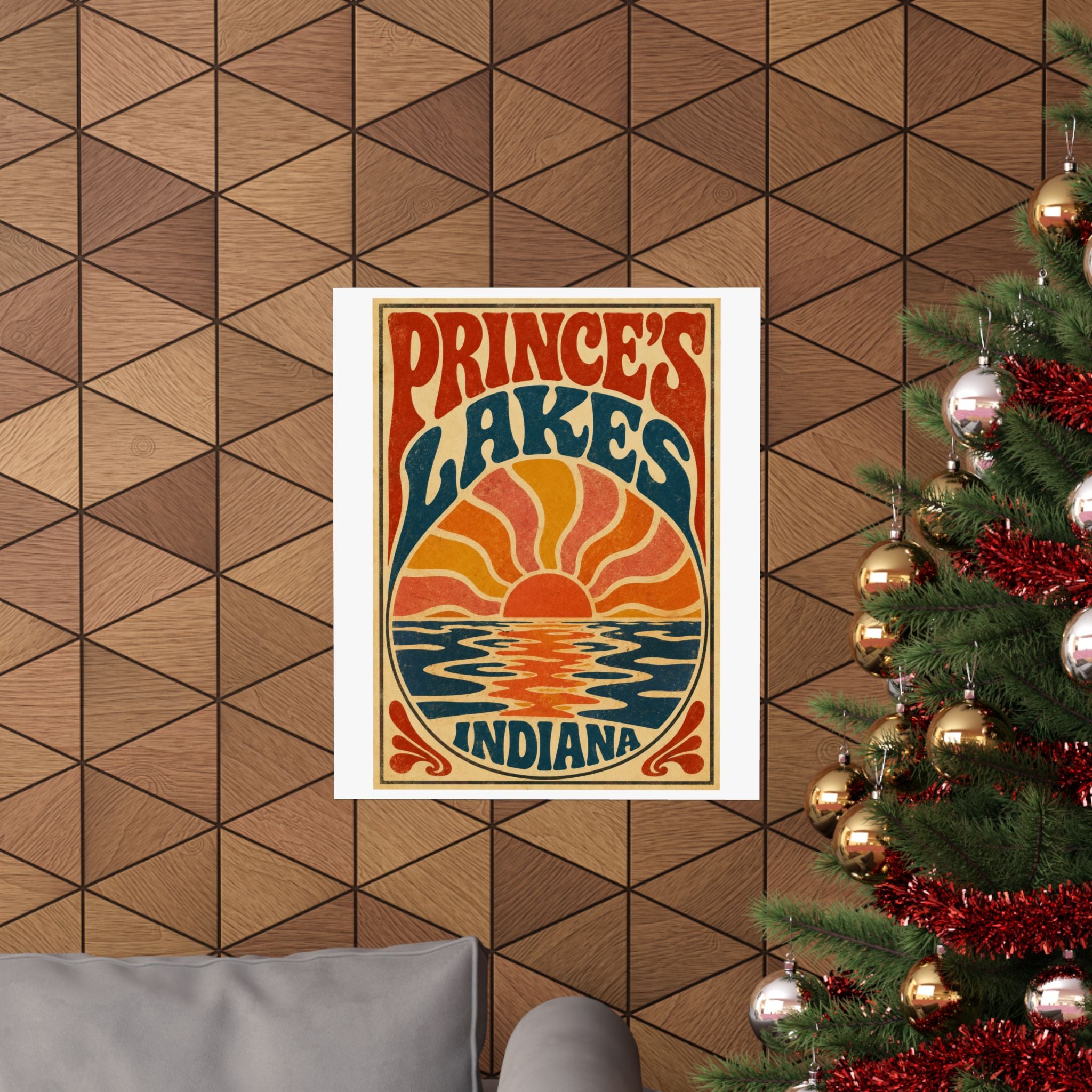 Prince's Lakes Indiana Groovy Sunset Poster — Matte Vertical Wall Art