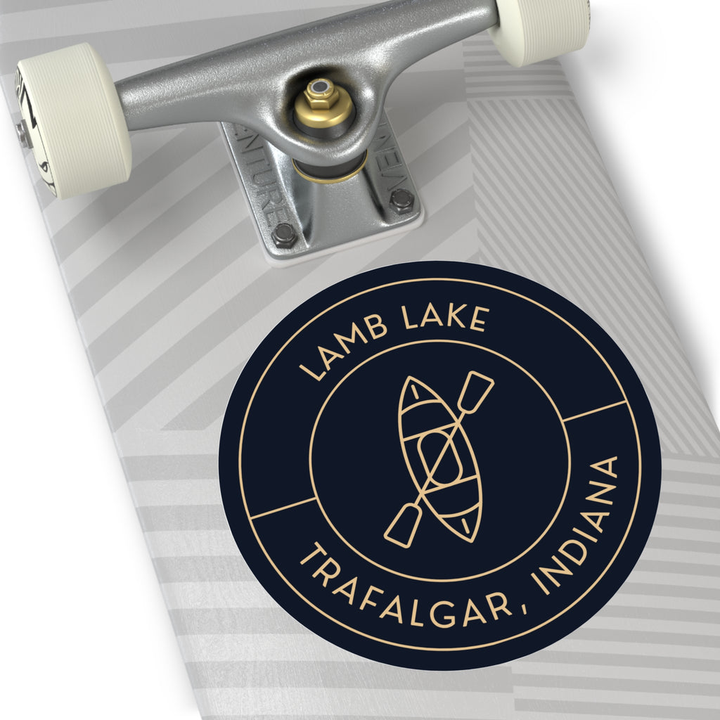 Lamb Lake Trafalgar Indiana Round Vinyl Sticker – Kayak Logo