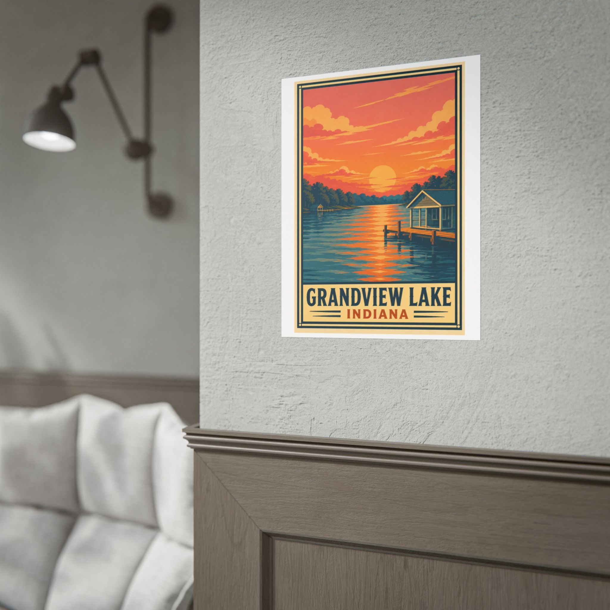 Grandview Lake Indiana Sunset Poster — Vintage Lakeside Travel Print