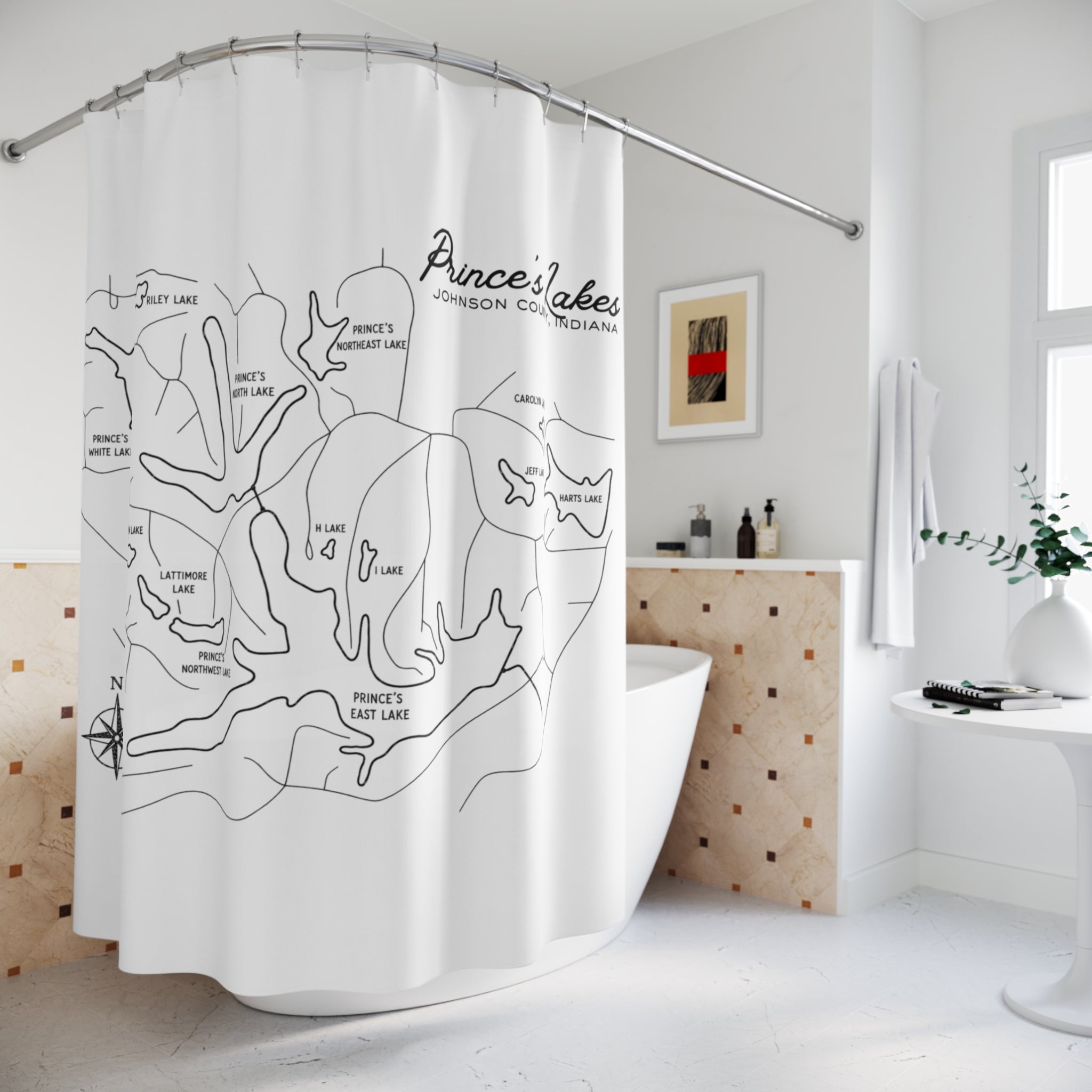 Prince's Lakes Map Shower Curtain — Johnson County, Indiana Lake Map Bathroom Decor
