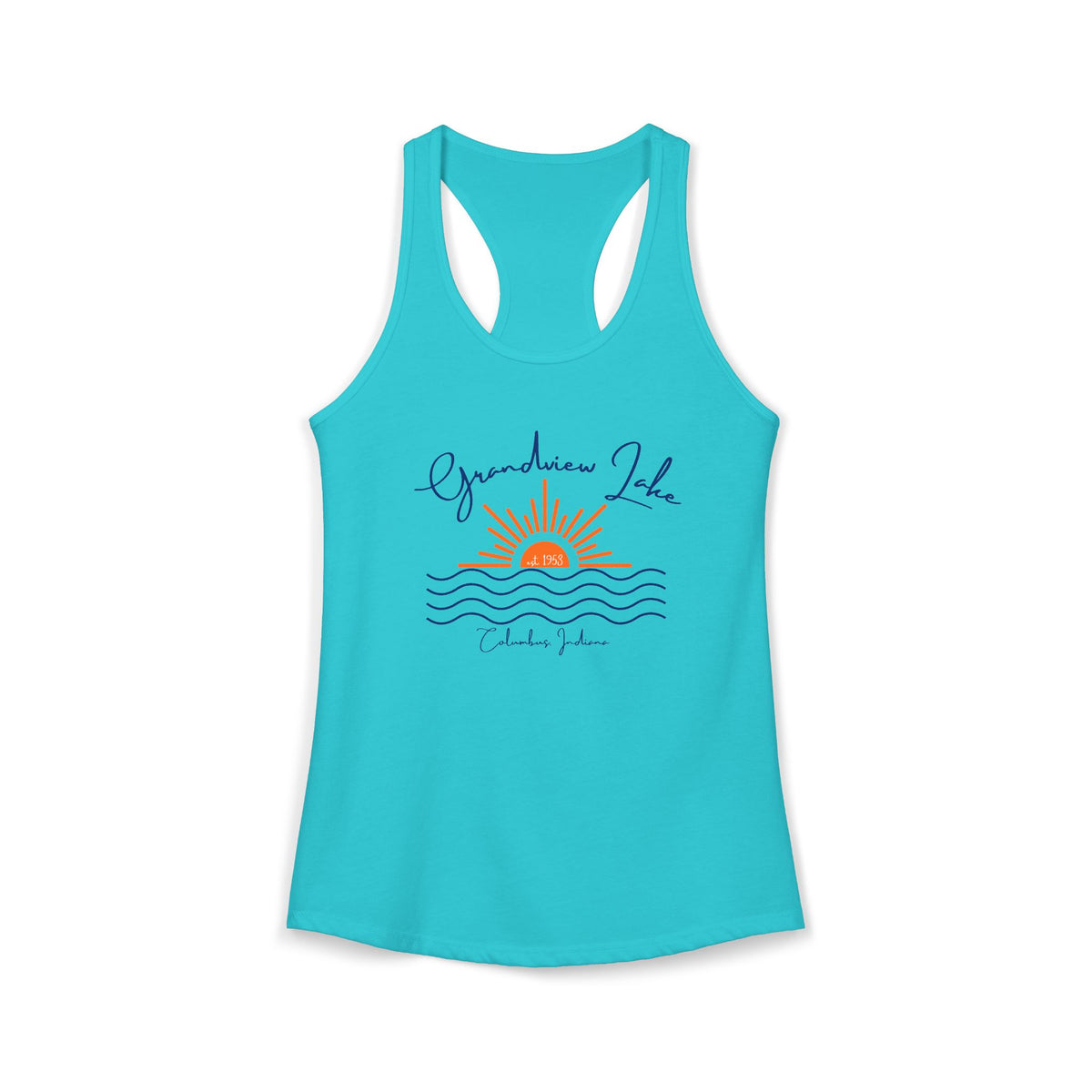 Women's Ideal Racerback Tank- Sun over Water "Grandview Lake" Script