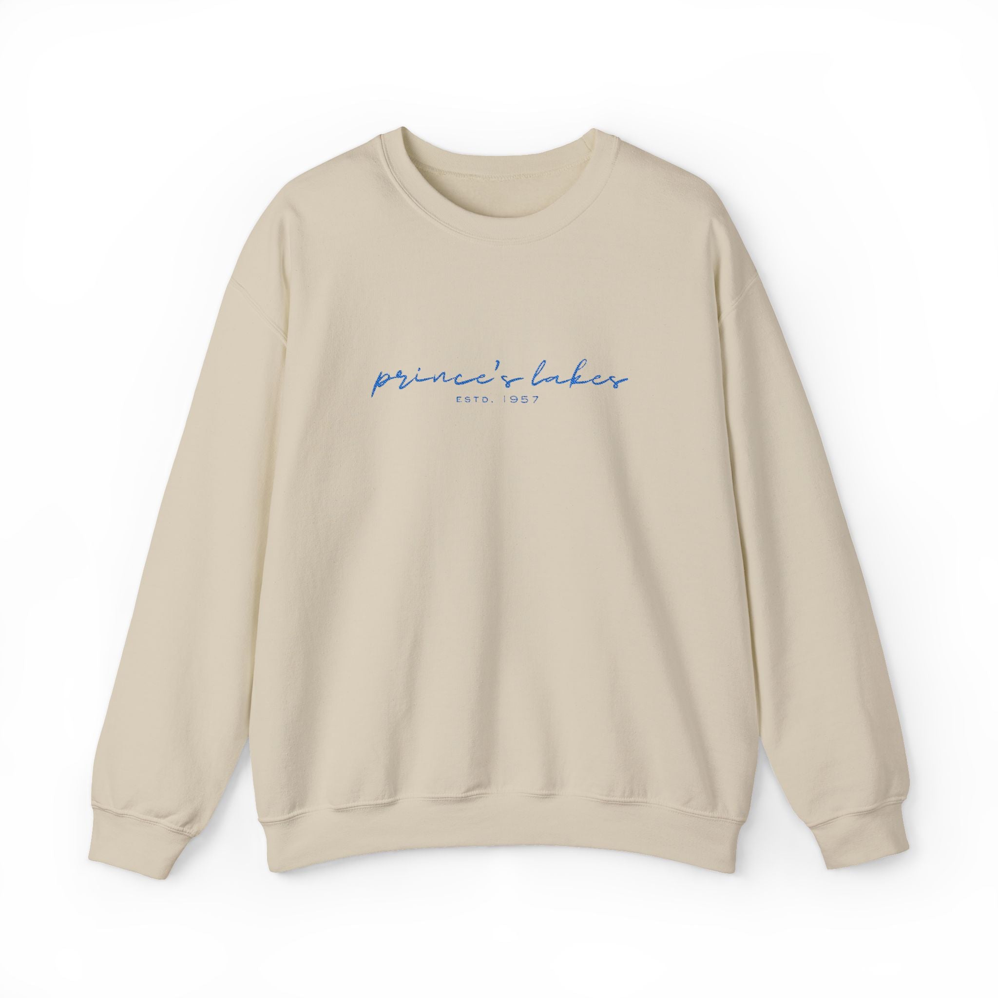 'Prince's Lakes' Script Embroidered Unisex Sweatshirt — Minimal Blue Handwritten Logo Crewneck