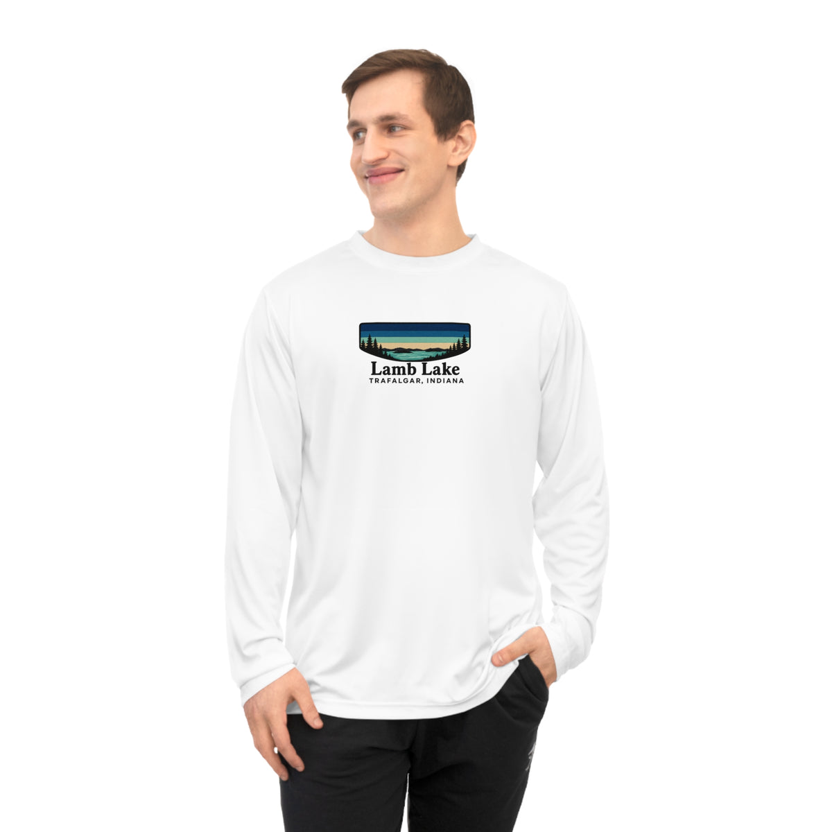 Lamb Lake Performance Long Sleeve Shirt — Retro Lakeside Graphic