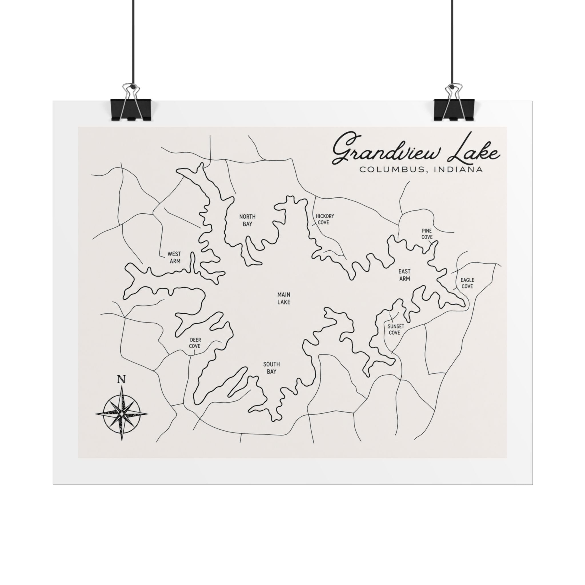 Grandview Lake Map Poster — Rolled Vintage Nautical Lake Map Wall Art
