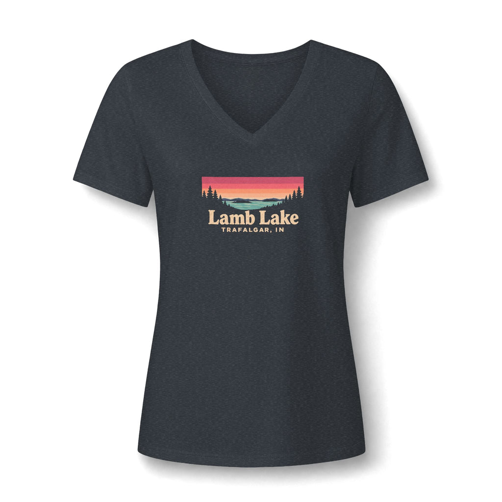 Lamb Lake Women's V-Neck Tee — Sunset Lake Graphic