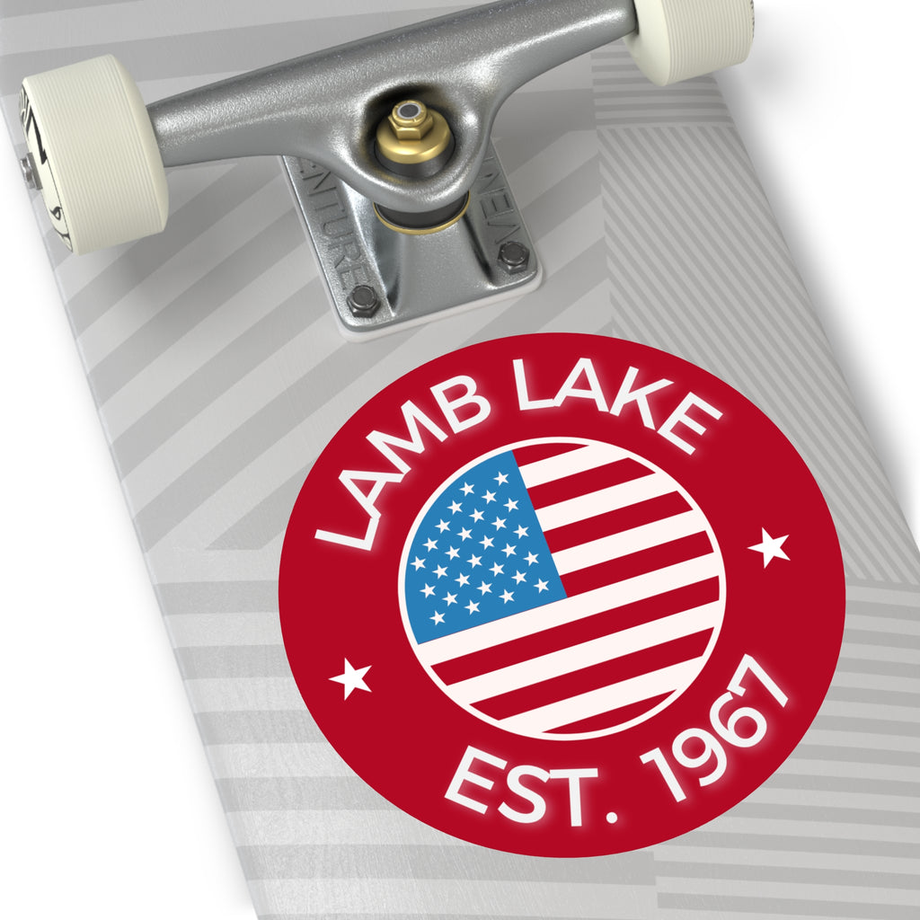 Lamb Lake Est. 1967 Round Vinyl Sticker — American Flag Lake Pride