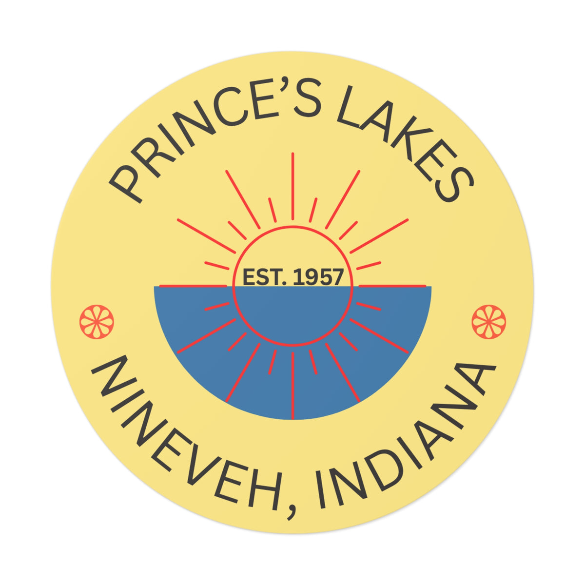 Prince's Lakes Round Vinyl Sun-over-Water Sticker — Nineveh, Indiana Est. 1957