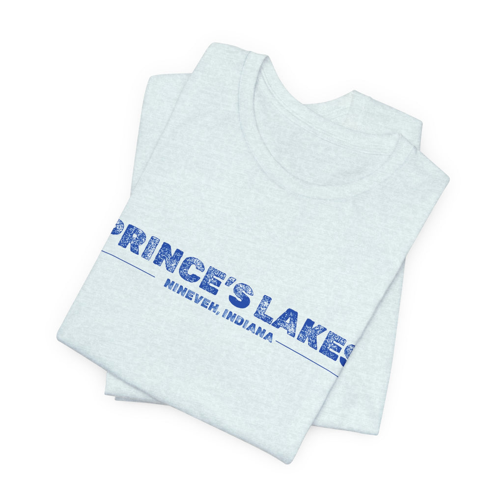 Prince's Lakes, Indiana Tee — Vintage Blue Text Short Sleeve T-Shirt