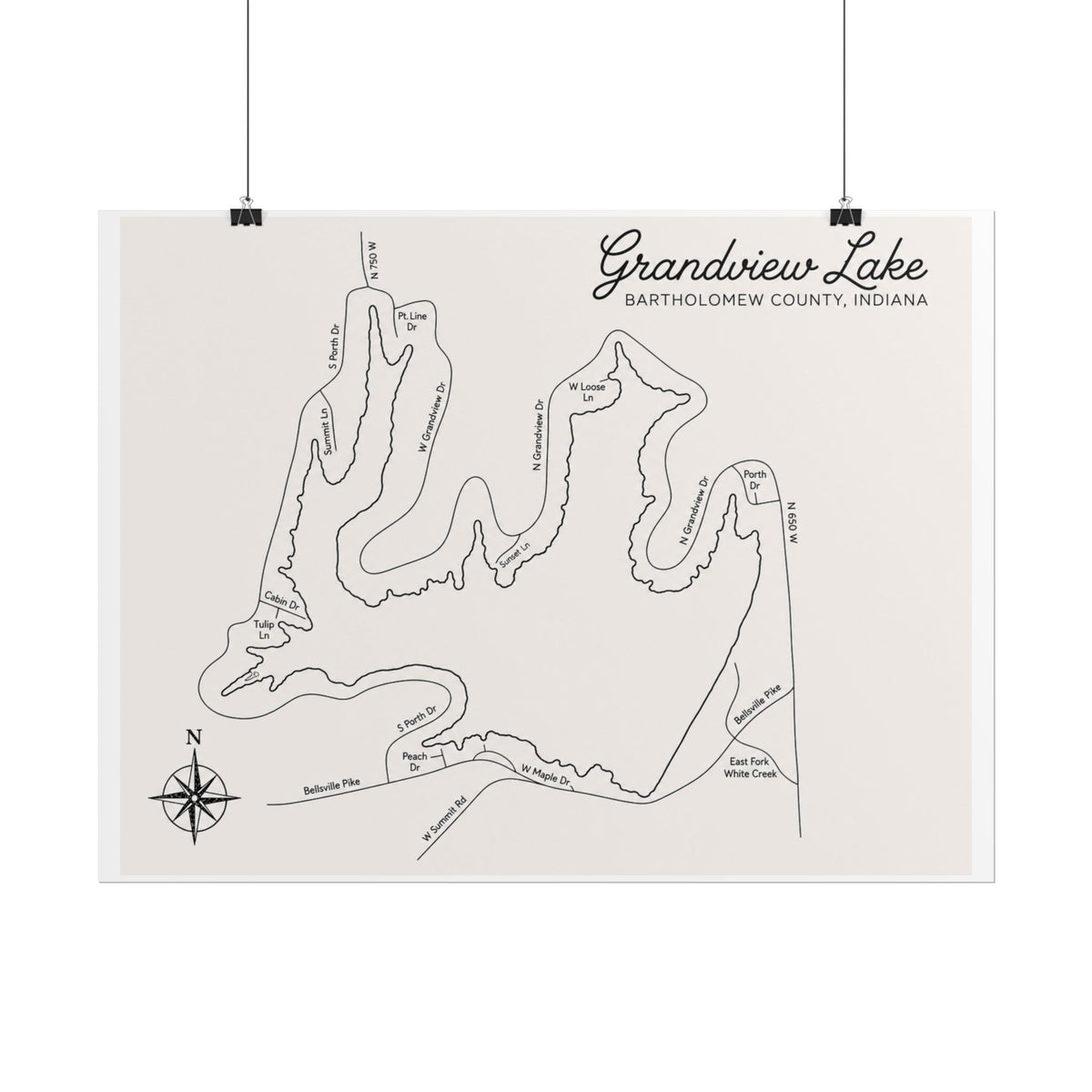 Grandview Lake Map Poster — Rolled Vintage Nautical Lake Map Wall Art