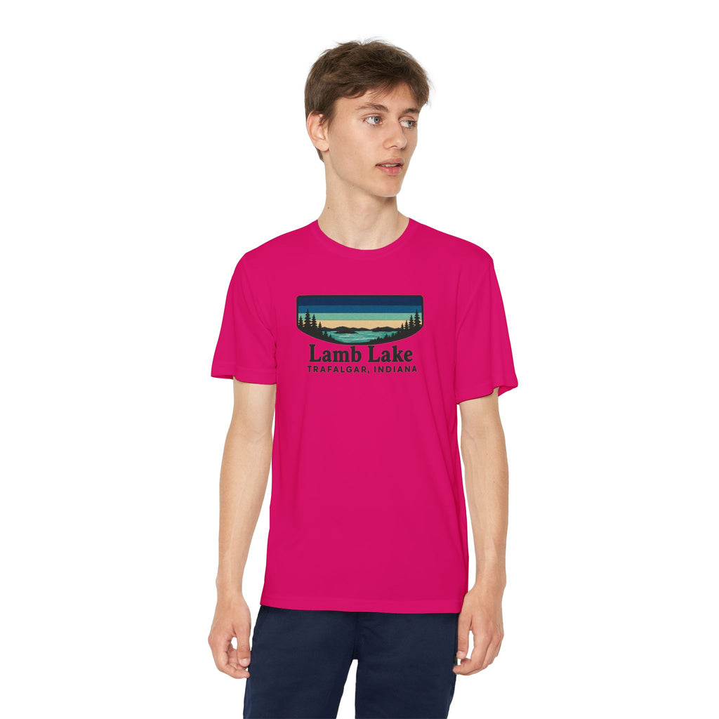 Youth Performance Tee — Lamb Lake Retro Sunset Camp Shirt