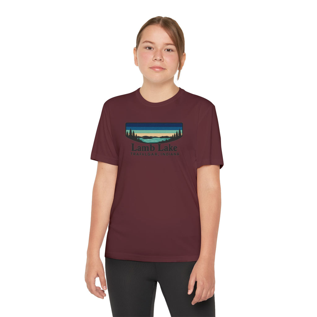 Youth Performance Tee — Lamb Lake Retro Sunset Camp Shirt