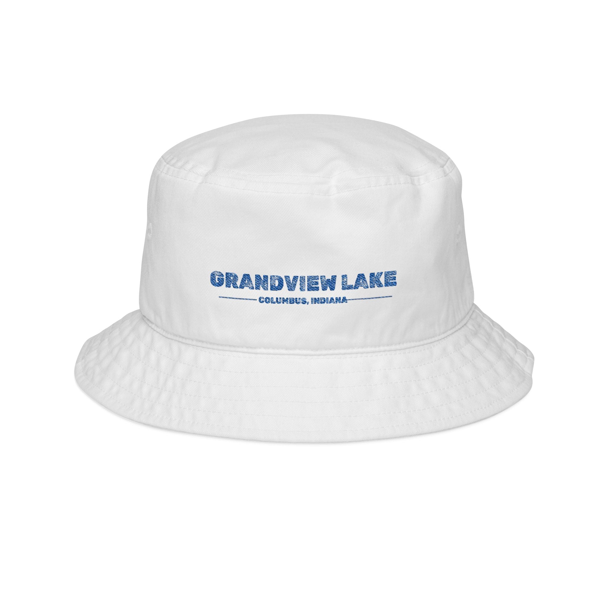 Grandview Lake Embroidered Bucket Hat — Retro Blue Text Travel Cap