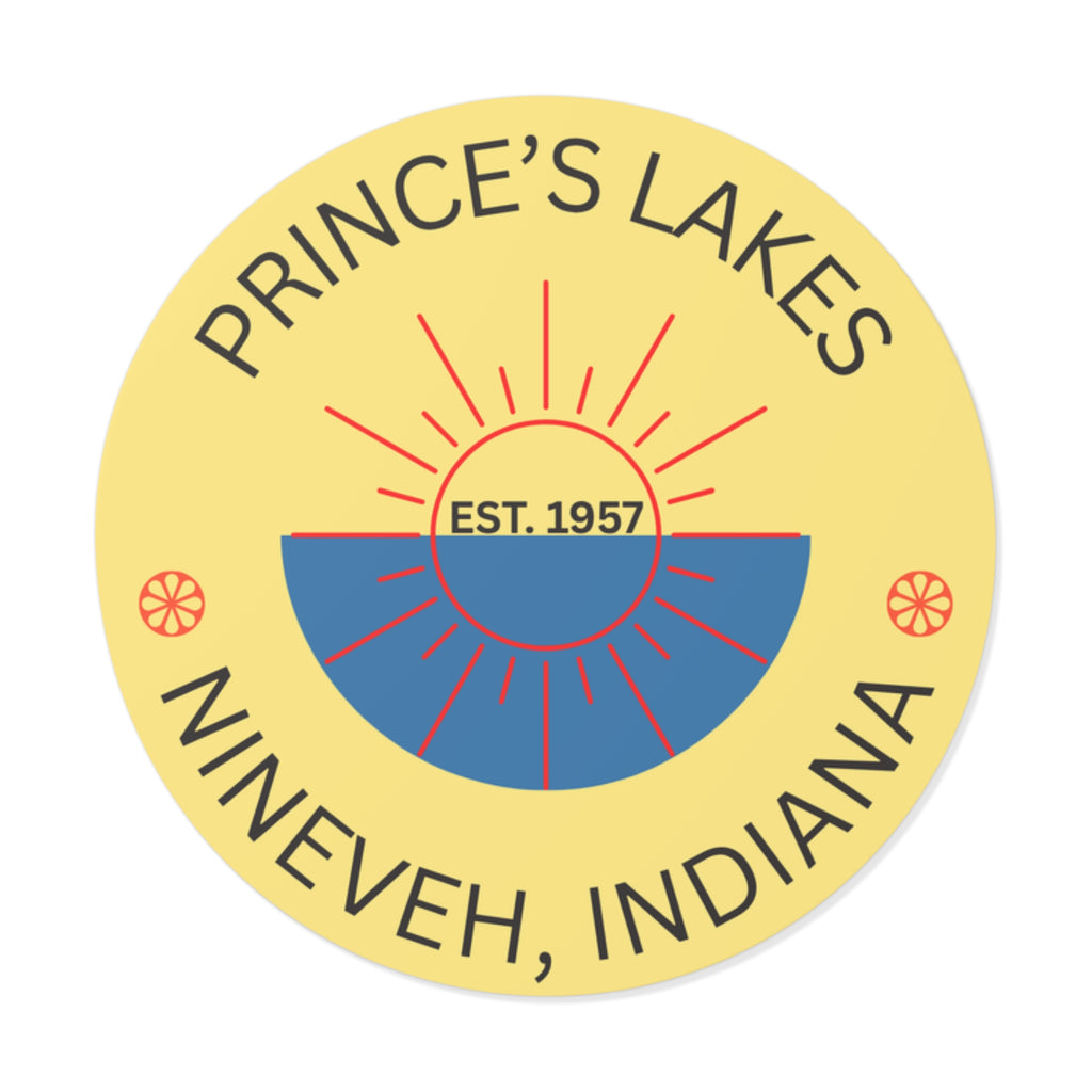 Prince’s Lakes Round Vinyl Sticker — Nineveh, Indiana Souvenir (Est. 1957)