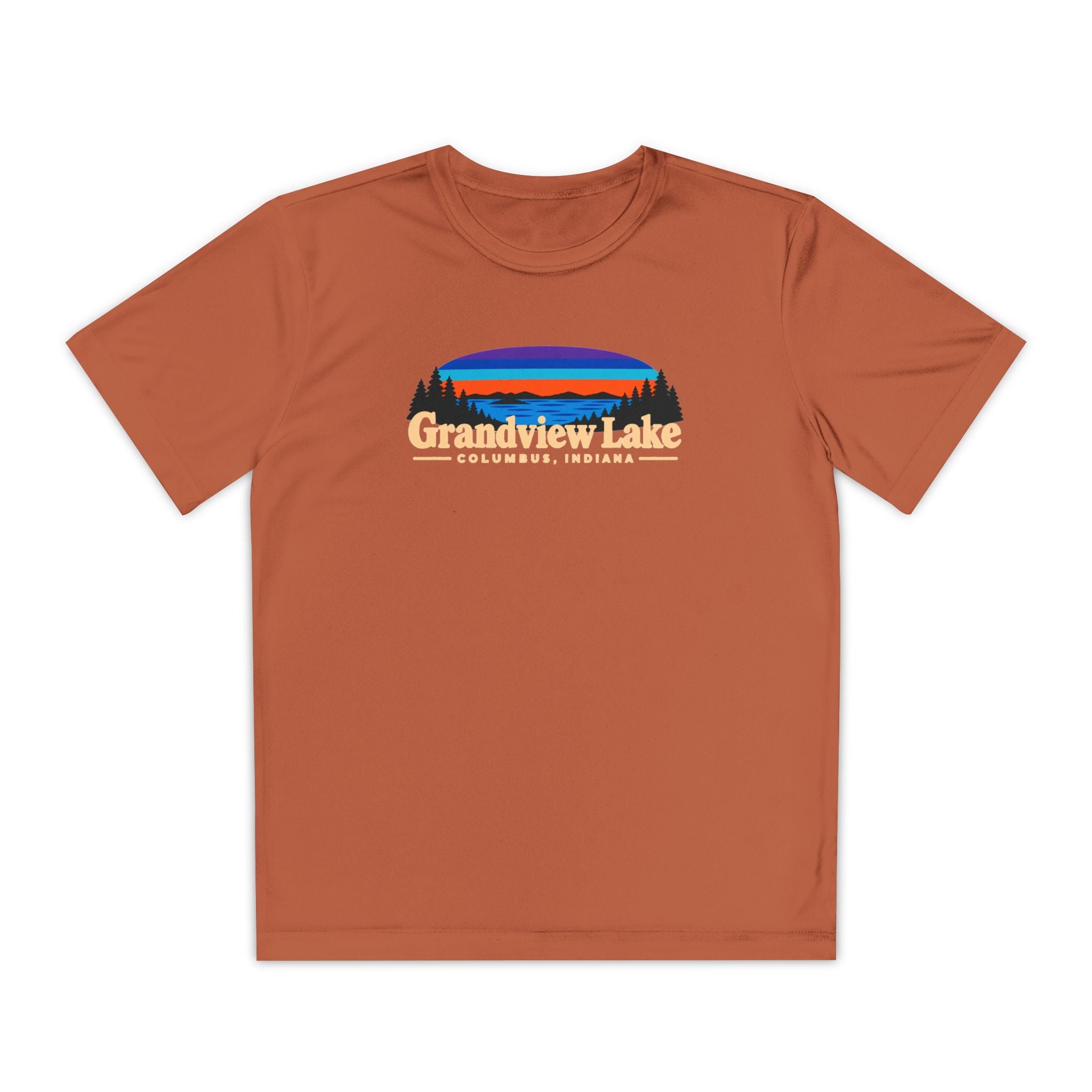 Youth Performance Tee — Grandview Lake Retro Sunset Camp Shirt