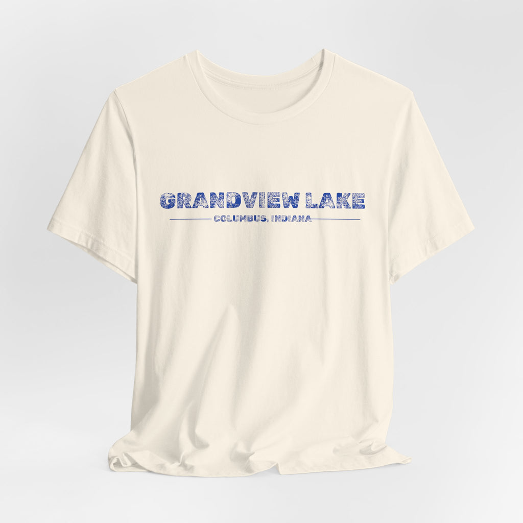 Grandview Lake Columbus, Indiana Tee — Vintage Blue Text Short Sleeve T-Shirt