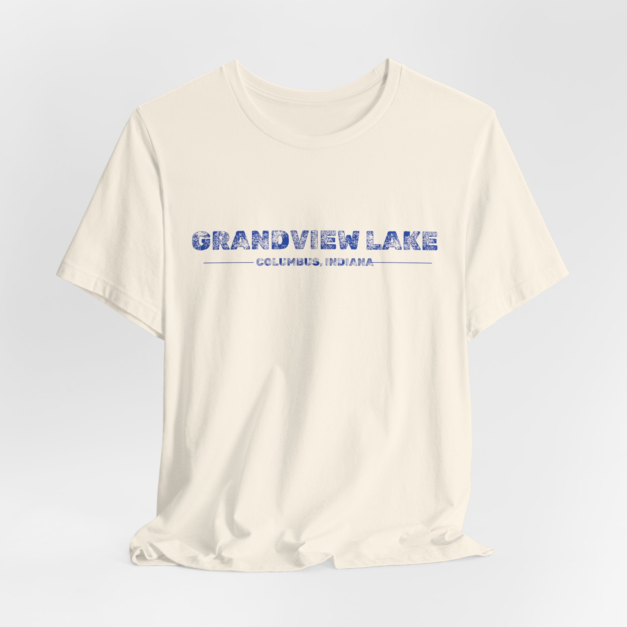 Grandview Lake Columbus, Indiana Tee — Vintage Blue Text Short Sleeve T-Shirt