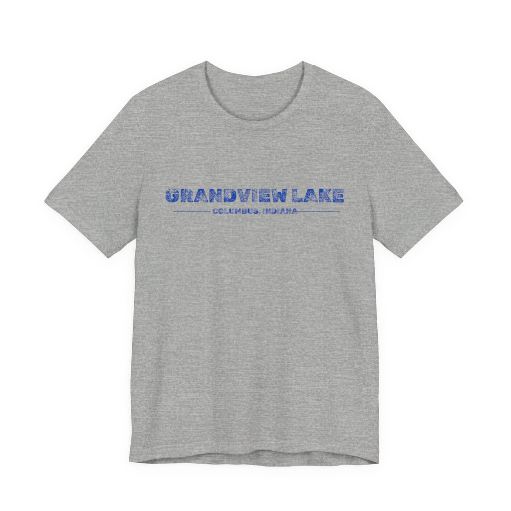 Grandview Lake Columbus, Indiana Tee — Vintage Blue Text Short Sleeve T-Shirt
