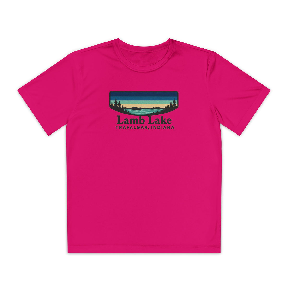Youth Performance Tee — Lamb Lake Retro Sunset Camp Shirt