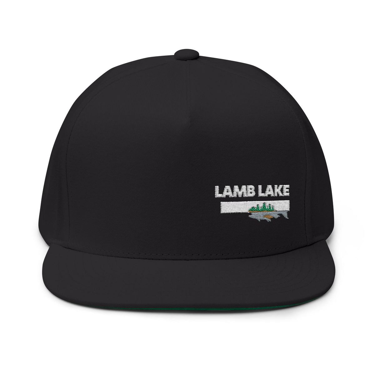 Lamb Lake White Embroidered Flat Bill Cap — Fishing & Lake Life Snapback