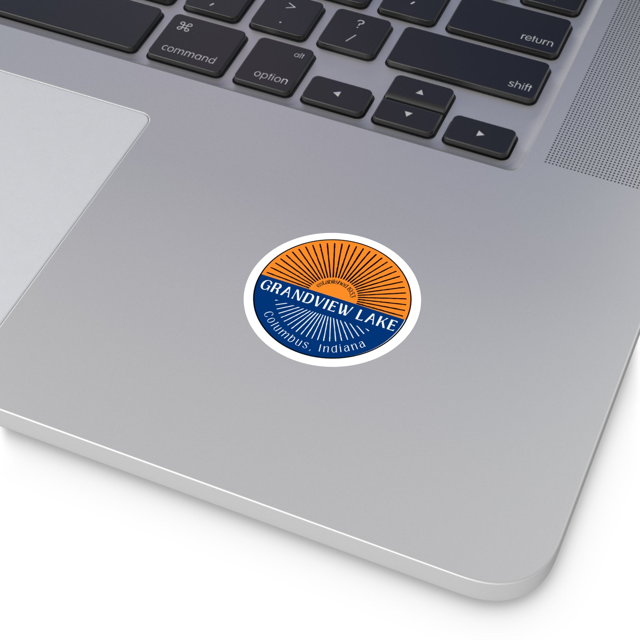 Grandview Lake Sunset Round Vinyl Sticker — Columbus, Indiana Vintage Sunrise Design