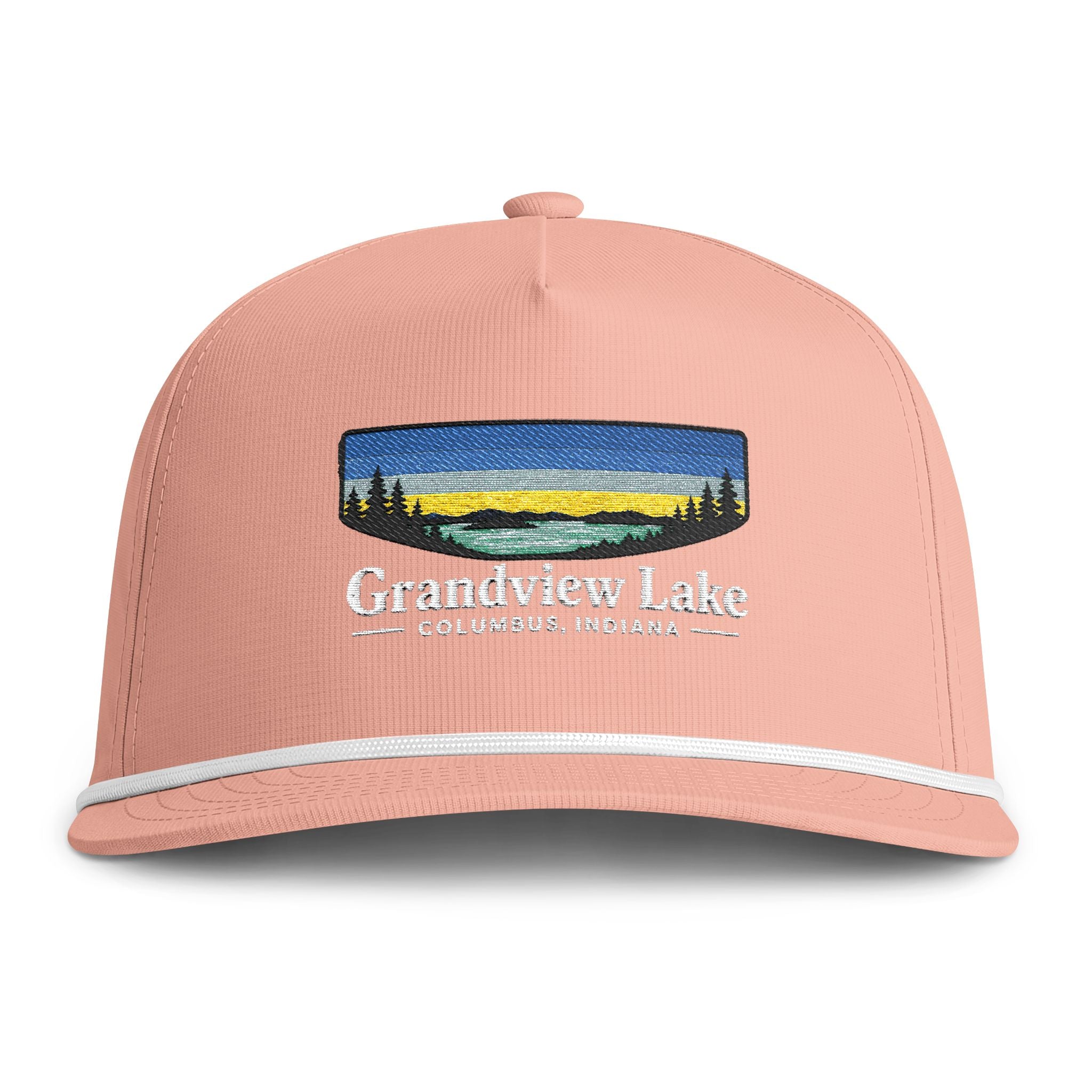 Sunset Lakes Rope Cap — Grandview Lake White Font Embroidered Trucker Hat