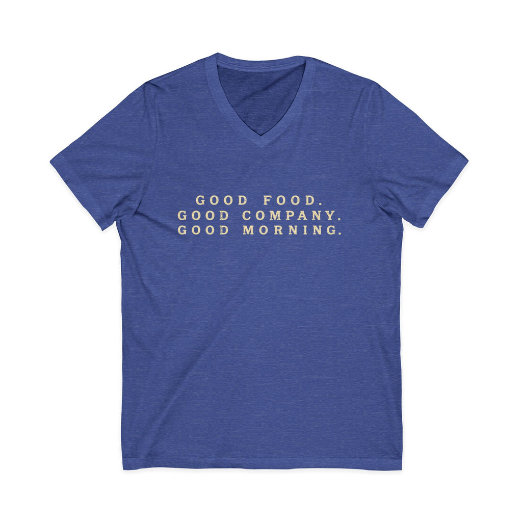 Good Food Good Company Good Morning V-Neck Tee — Retro Grandview Lake Breakfast Club Graphic Shirt