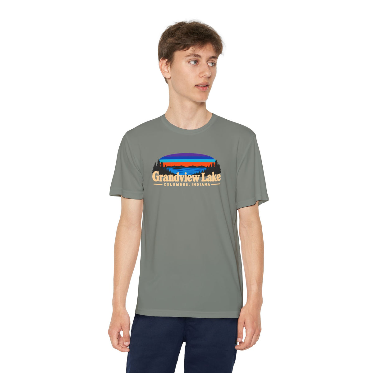 Youth Performance Tee — Grandview Lake Retro Sunset Camp Shirt