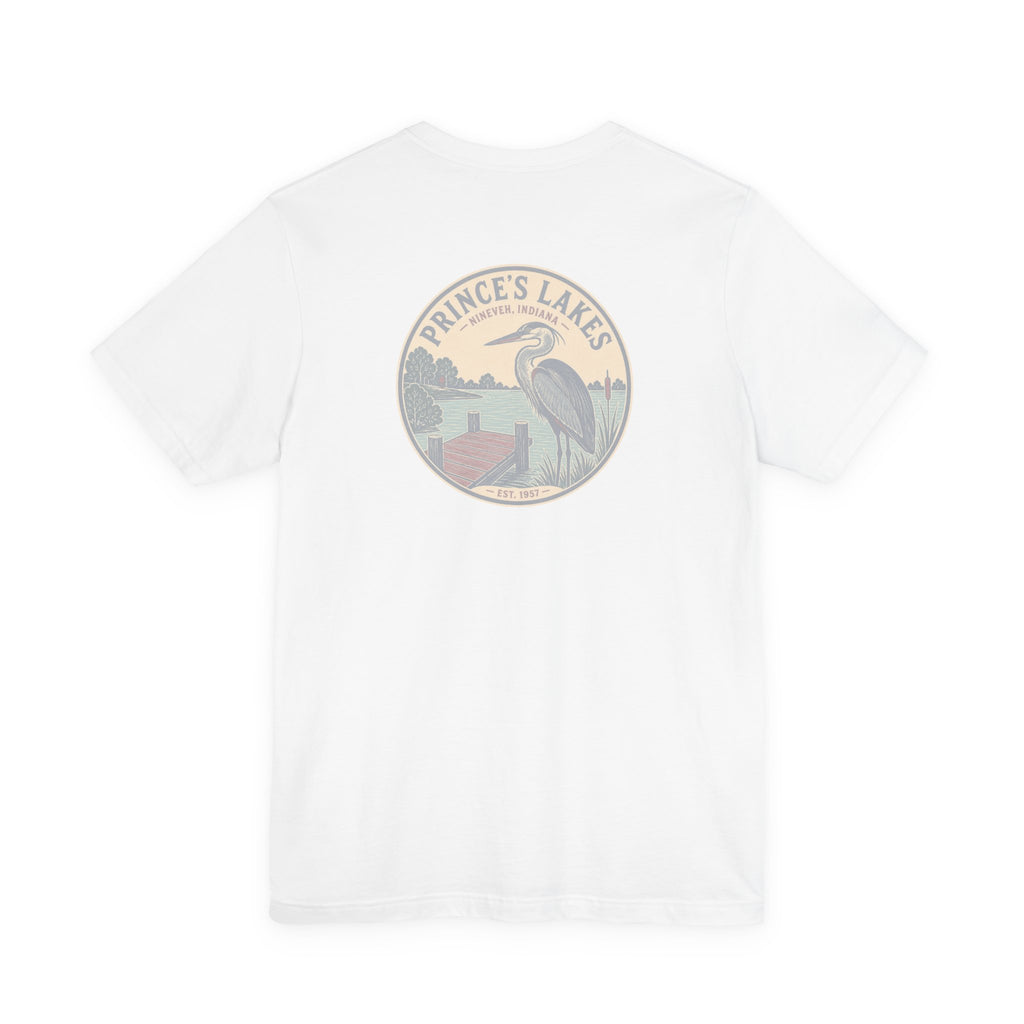 Prince's Lakes Great Blue Heron Graphic Tee — Vintage Nature Pocket & Back Print