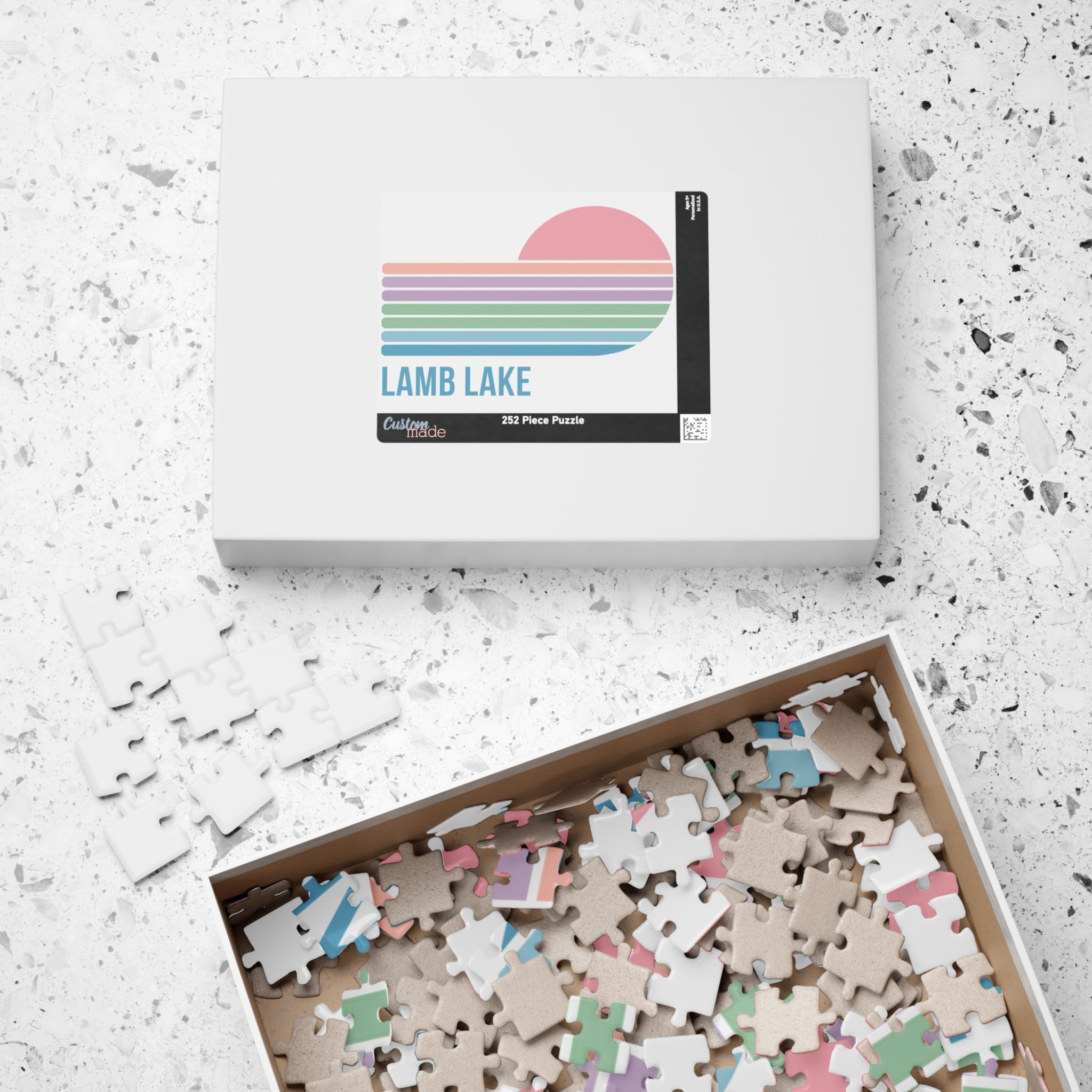 Kids Lamb Lake Sunset Puzzle — Pastel Stripes Jigsaw (110, 252, 510 pc)