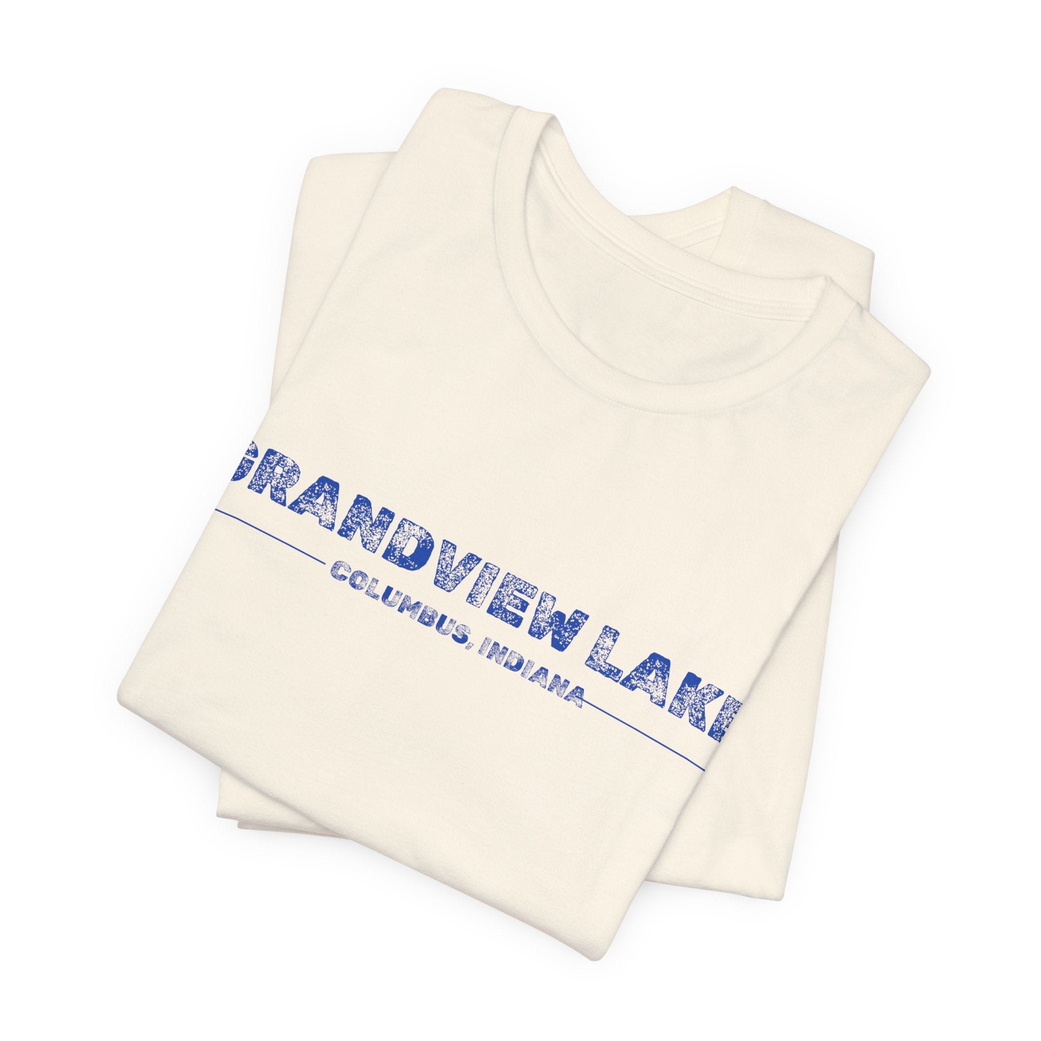 Grandview Lake Columbus, Indiana Tee — Vintage Blue Text Short Sleeve T-Shirt