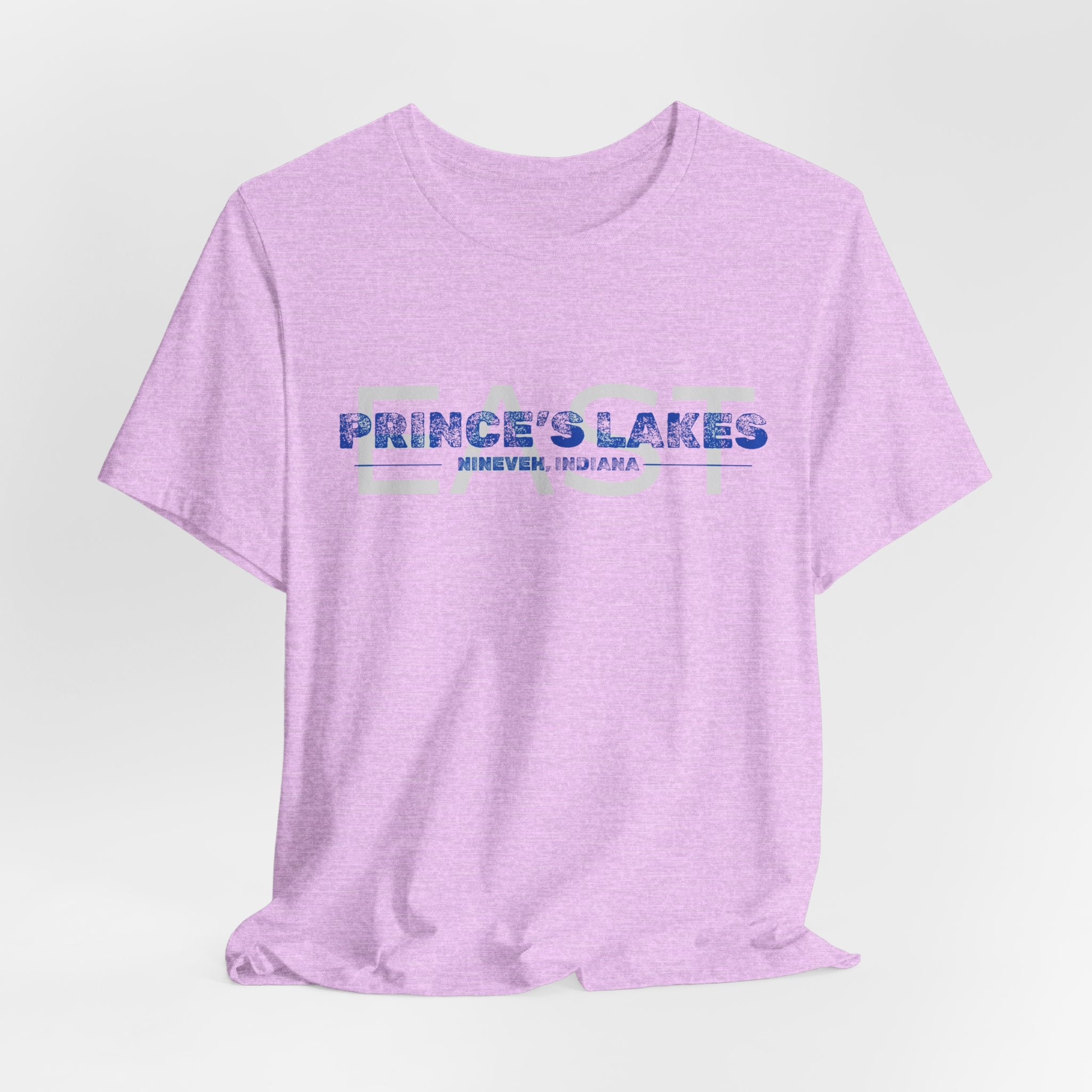 EAST Prince's Lakes, Indiana Tee — Vintage Blue Text Short Sleeve T-Shirt