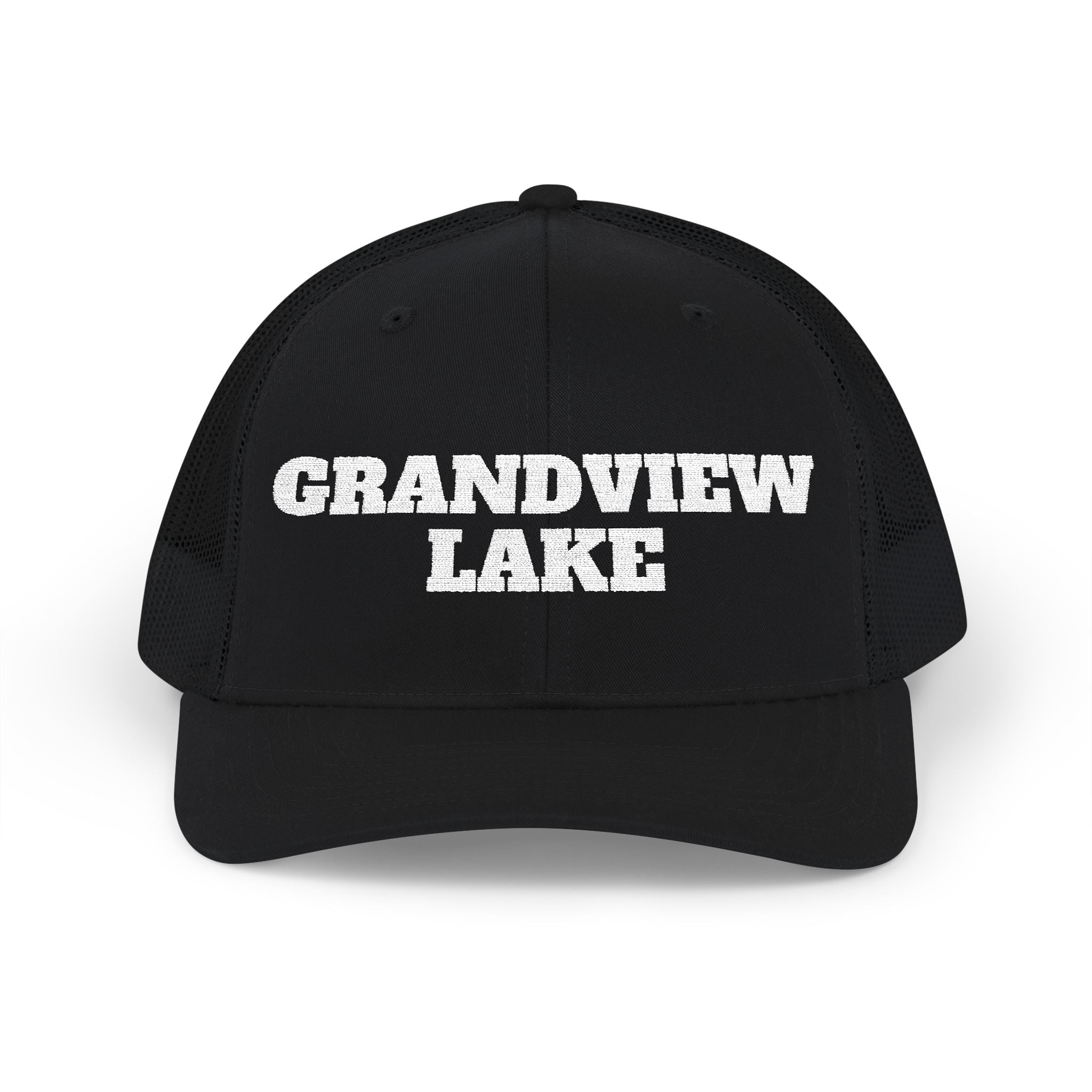 Grandview Lake Trucker Hat — Vintage White Mesh Snapback Cap