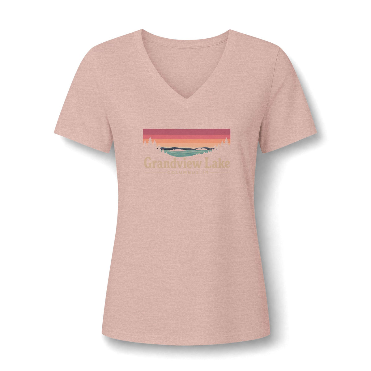 Grandview Lake Women's V-Neck Tee — Sunset Lake Graphic