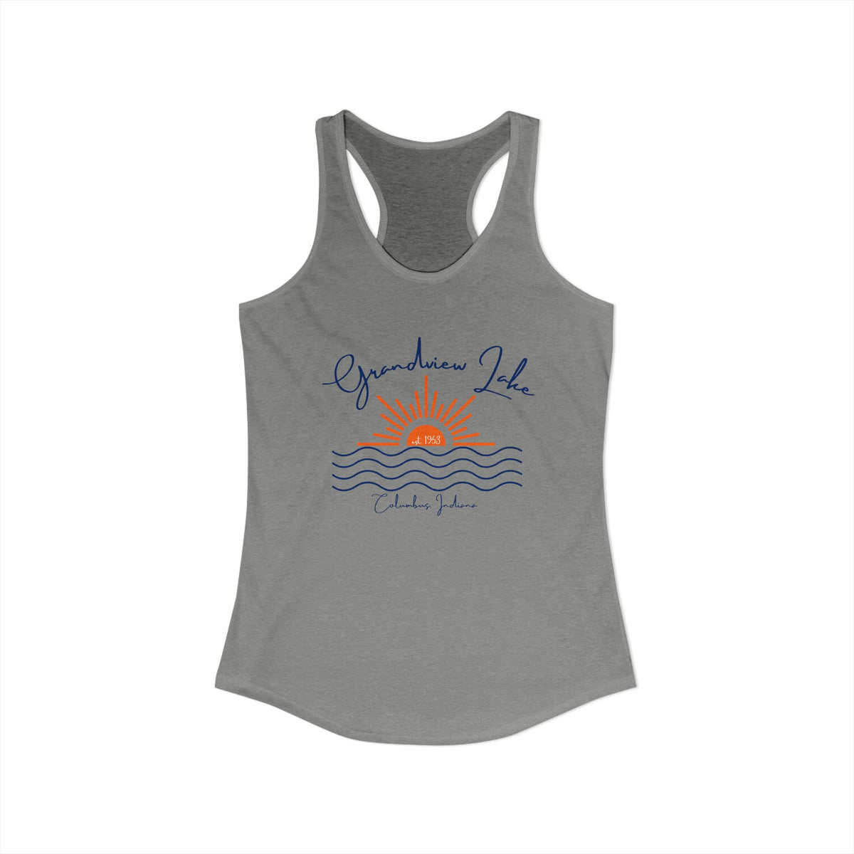 Women's Ideal Racerback Tank- Sun over Water "Grandview Lake" Script