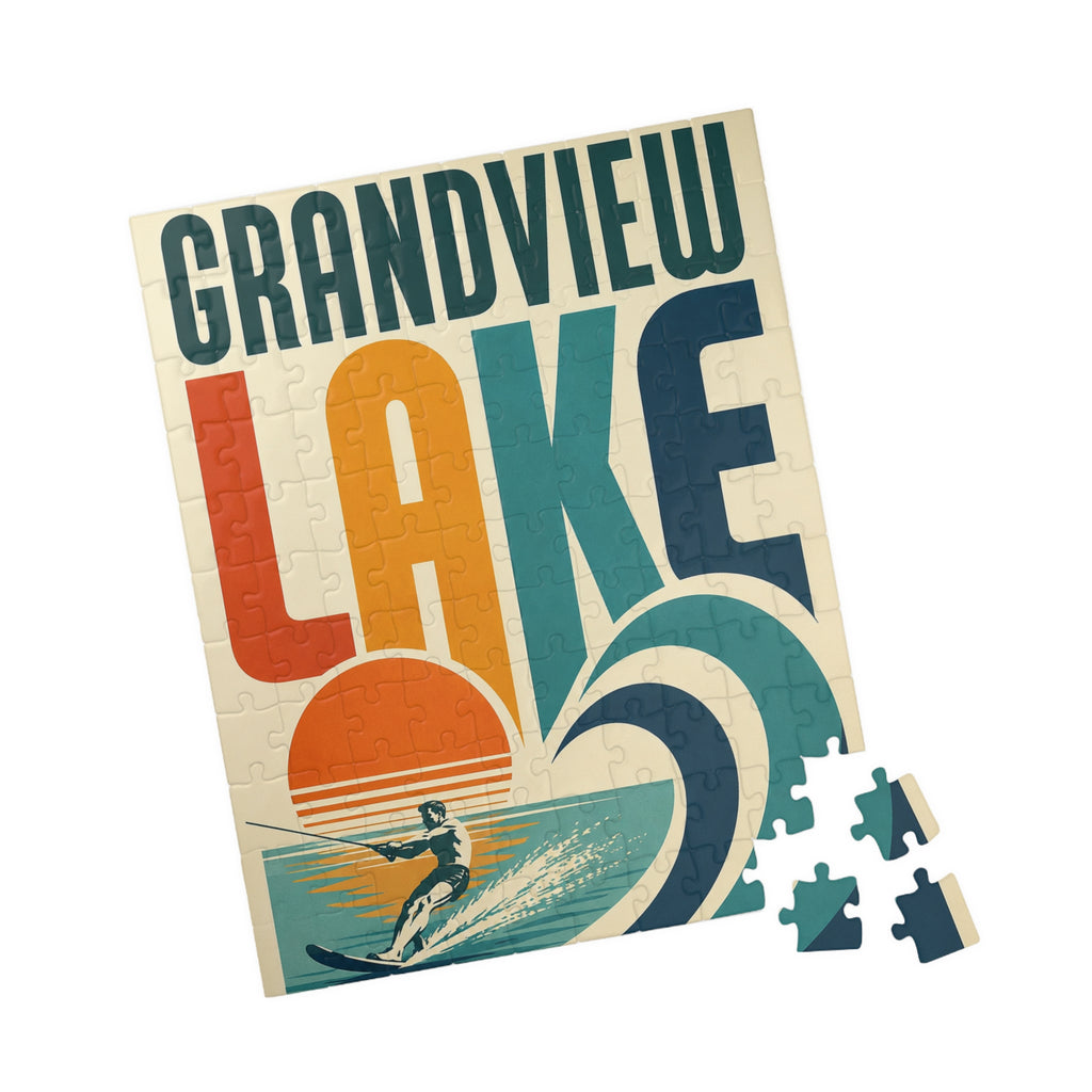 Kids Grandview Lake Retro Waterskiing Puzzle — Vintage Lake Poster Jigsaw (110/252/520 pcs)