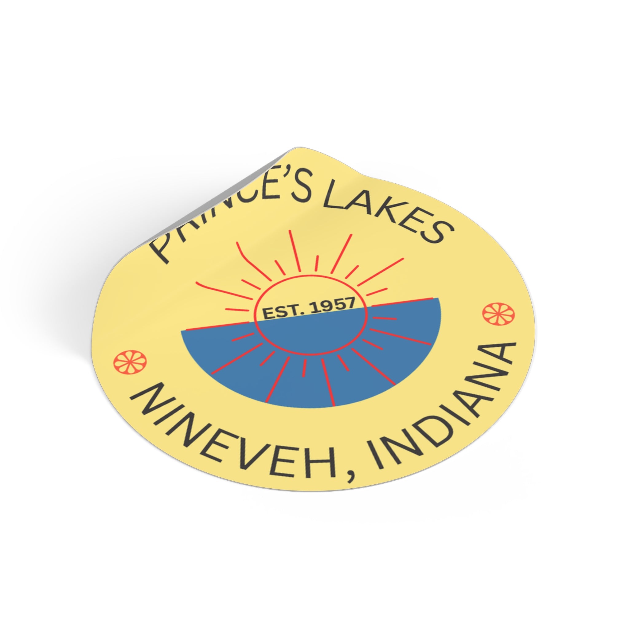 Prince’s Lakes Round Vinyl Sticker — Nineveh, Indiana Souvenir (Est. 1957)