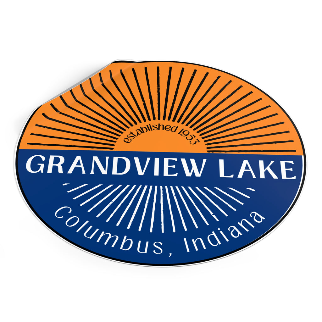 Grandview Lake Split Sun Round Vinyl Sticker — Columbus, Indiana (Established 1953)