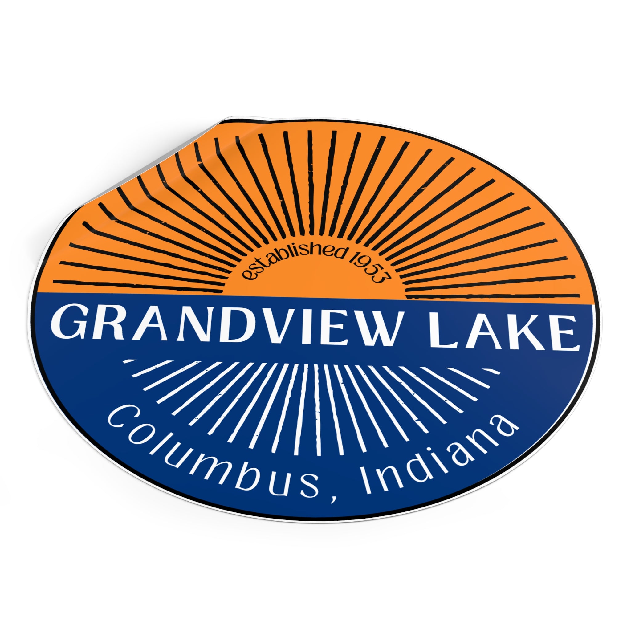 Grandview Lake Split Sun Round Vinyl Sticker — Columbus, Indiana (Established 1953)