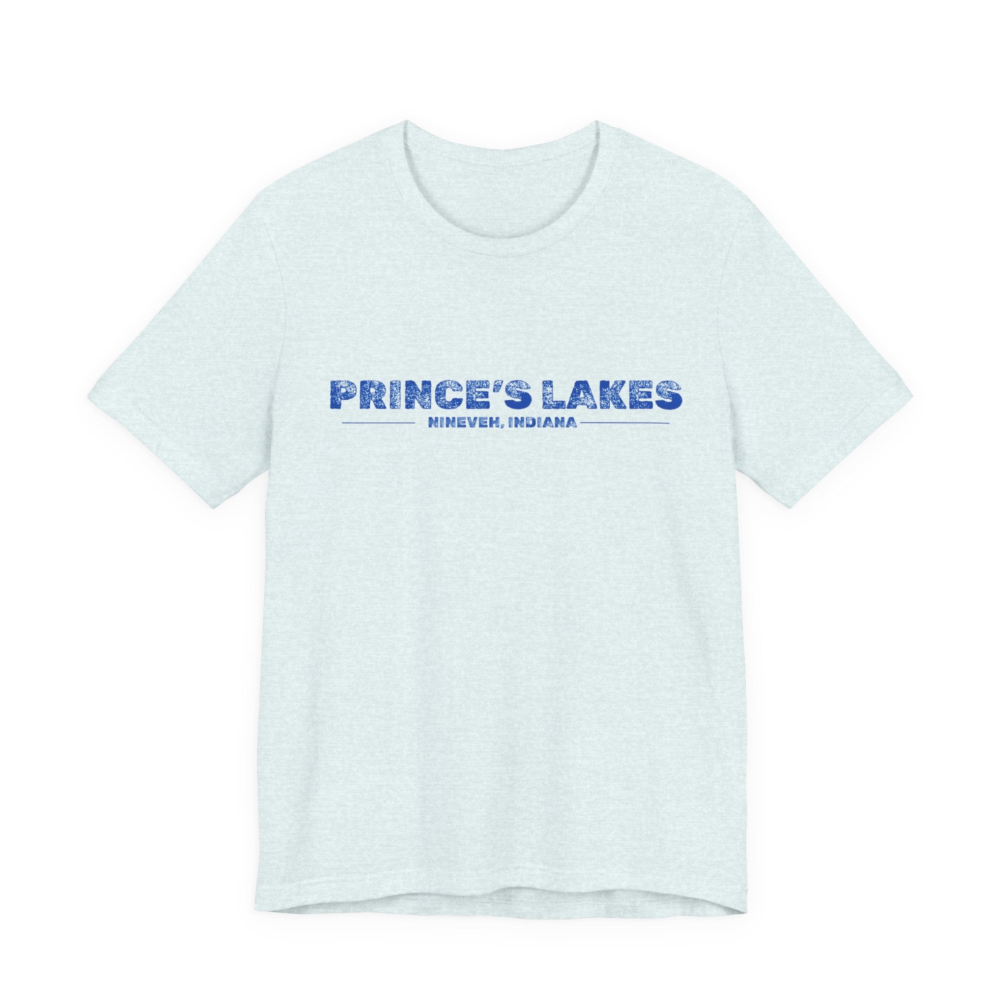 Prince's Lakes, Indiana Tee — Vintage Blue Text Short Sleeve T-Shirt