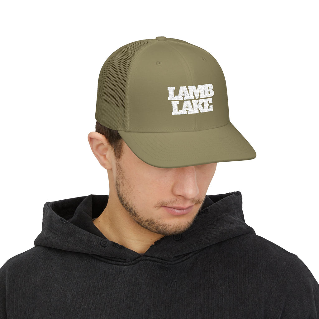 Lamb Lake Trucker Hat — Vintage White Mesh Snapback Cap