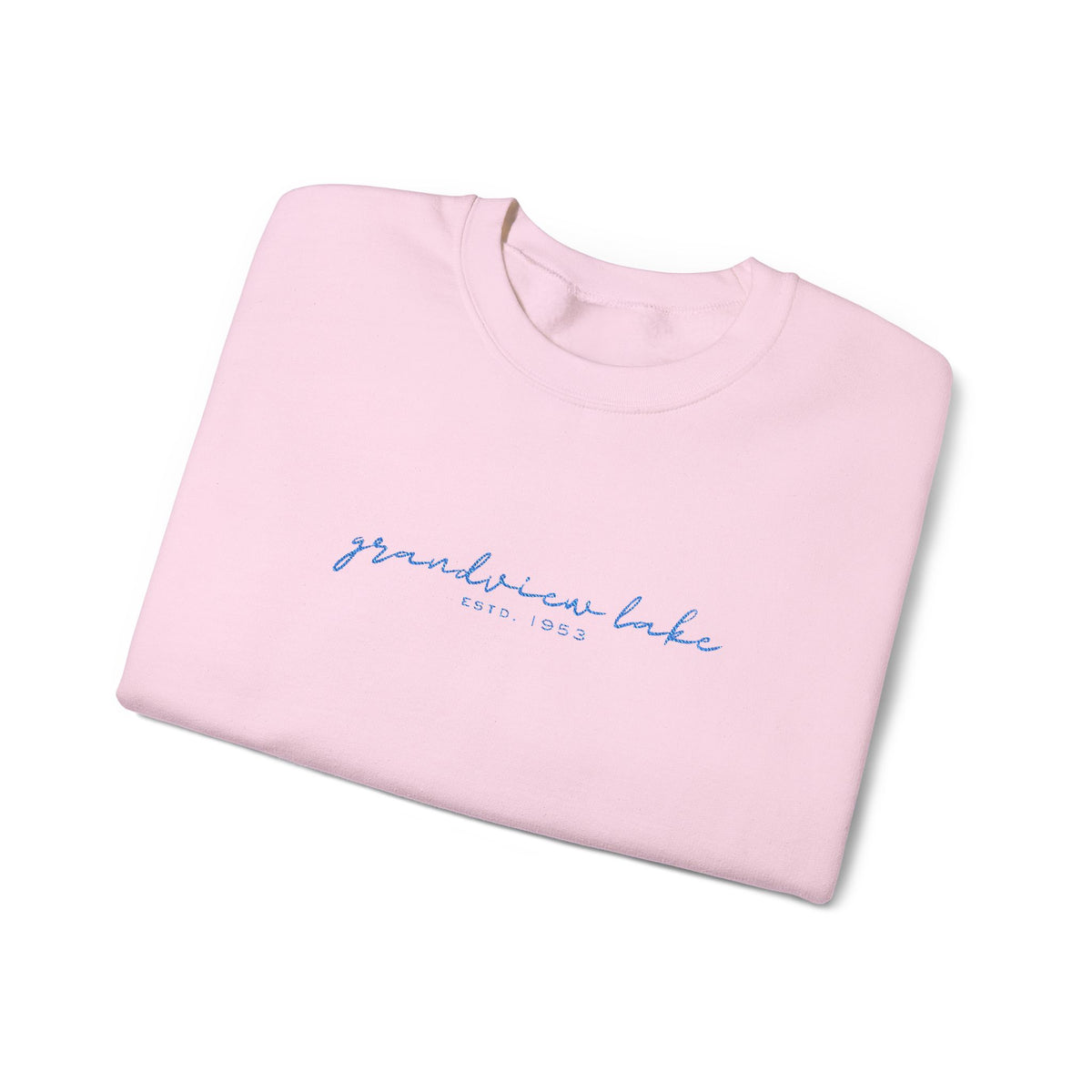 Grandview Lake Script Embroidered Unisex Sweatshirt — Minimal Blue Handwritten Logo Crewneck