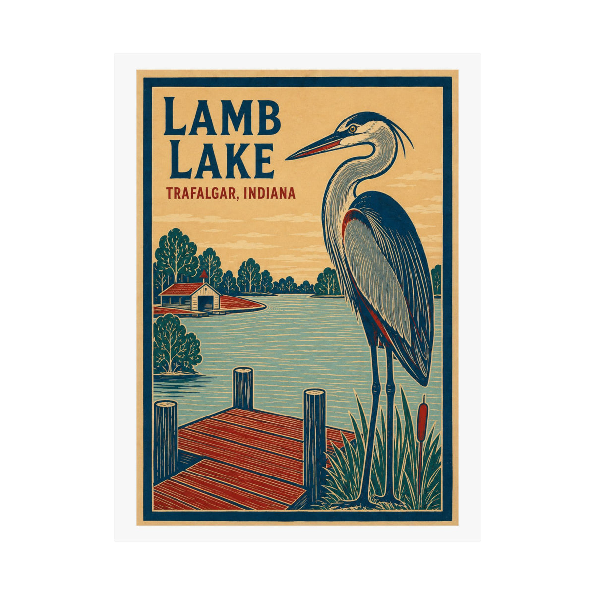 Lamb Lake Vintage Blue Heron Poster