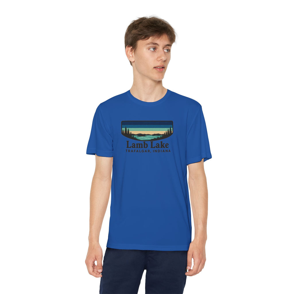 Youth Performance Tee — Lamb Lake Retro Sunset Camp Shirt