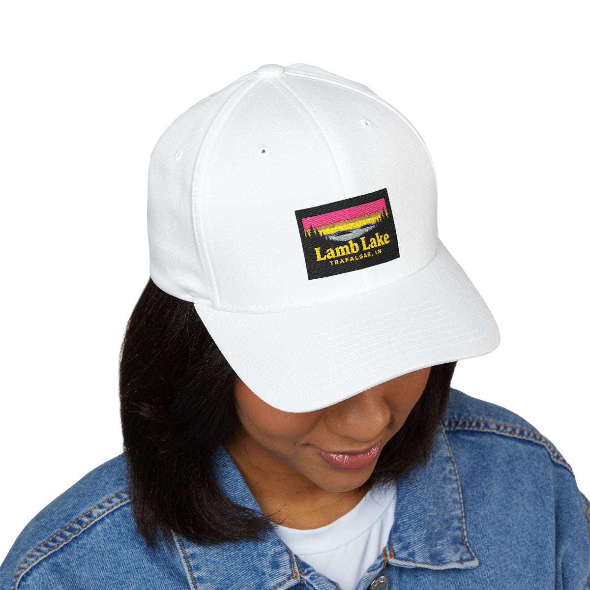 Lamb Lake Embroidered Cap — Scenic Lake Sunset Hat