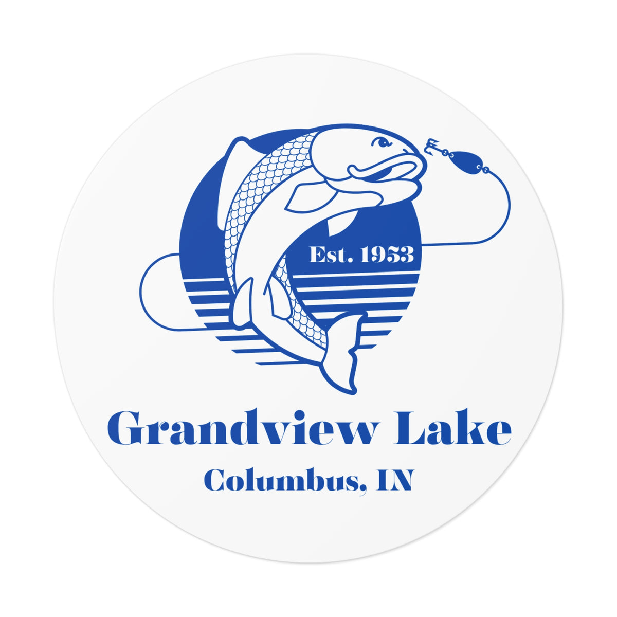 Grandview Lake Fishing Round Vinyl Sticker — Columbus, IN Est. 1953