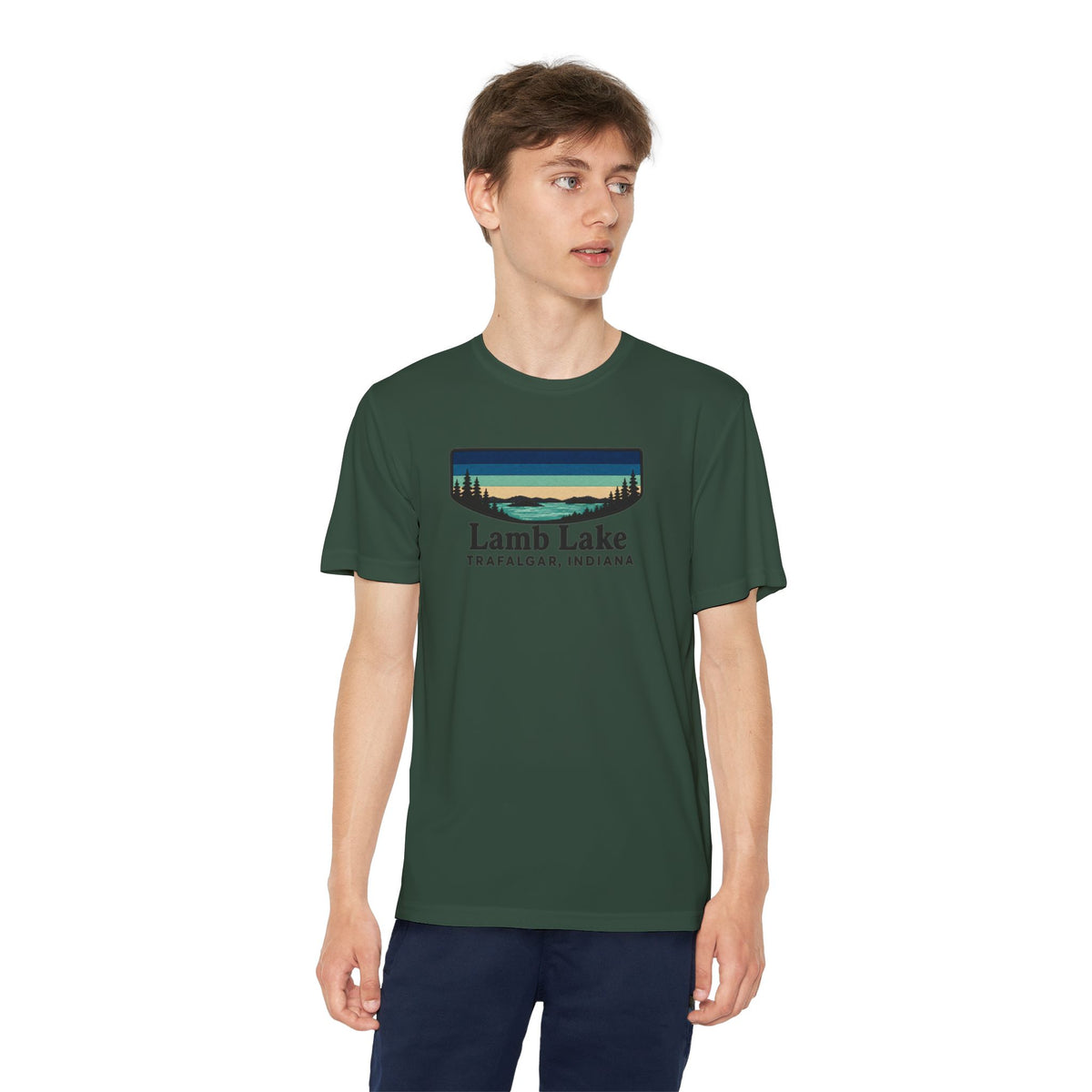 Youth Performance Tee — Lamb Lake Retro Sunset Camp Shirt